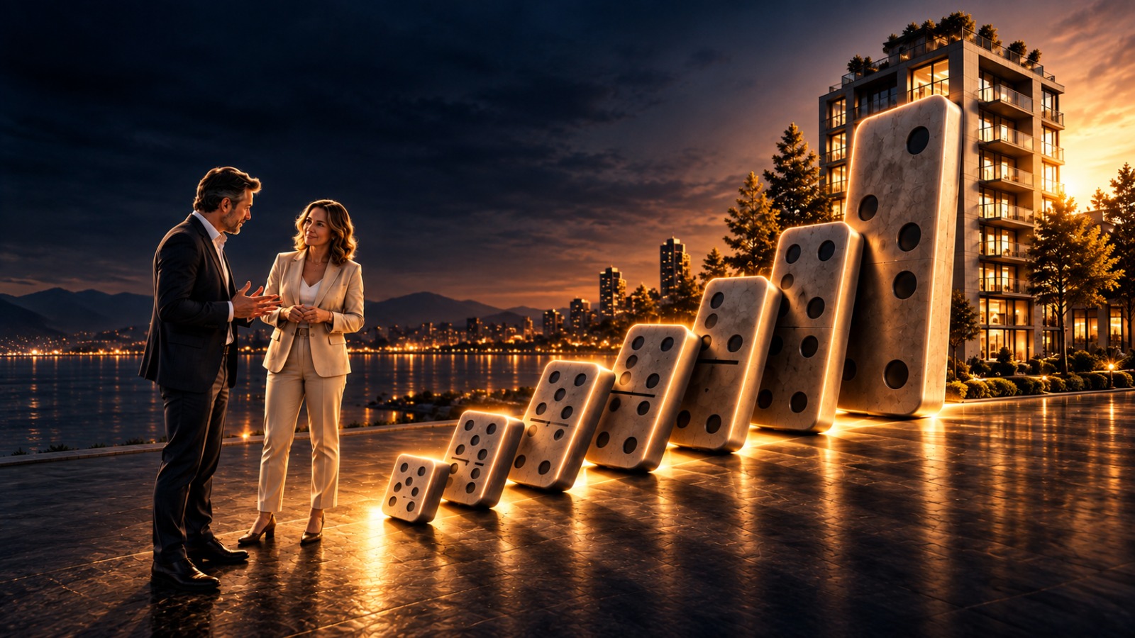 Professionisti dialogano davanti a un effetto domino e allo skyline al tramonto